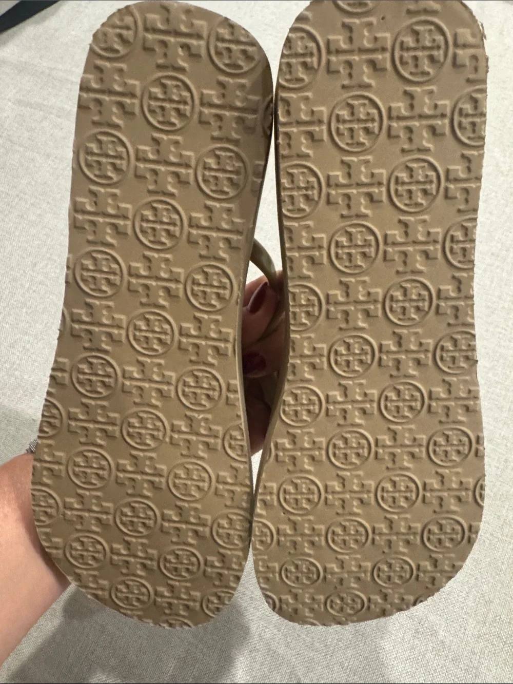 Tory Burch Taupe and Gold Logo Flip Flop Mini Wedge Sandals Size 7
